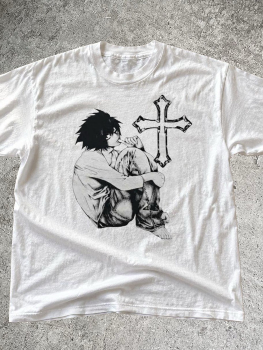 Gildan White Tee with Black Anime Illustration and Cross Motif